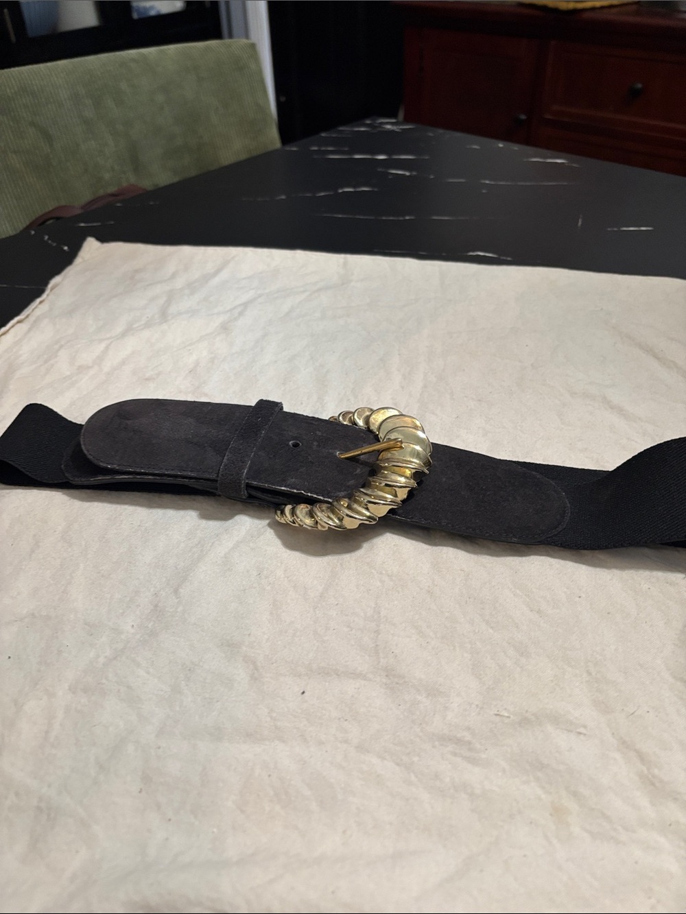 Made in USA Black Suede and Elastic Women’s Belt with Gold Braided Buckle